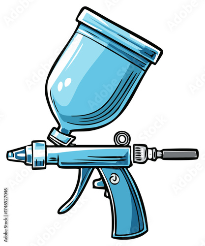 Blue gravity feed spray paint gun cartoon vector illustration