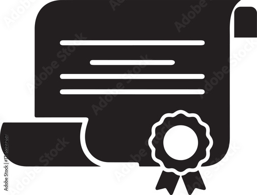 Black Silhouette of a Rolled Diploma or Certificate with Seal and Lines of Text scroll award