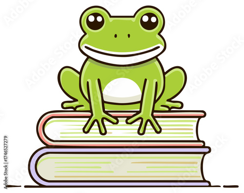 Cartoon frog sitting on a stack of books. Adorable amphibian reading education illustration.