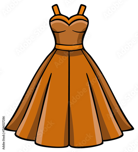 Elegant orange retro dress with wide skirt and sweetheart neckline