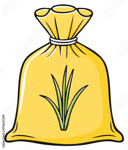 Illustrated yellow sack with green grass design perfect for organic or agriculture.