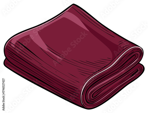 Neatly folded maroon fabric or blanket in a cartoon vector illustration style