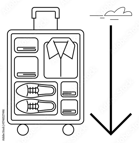 Packed suitcase with folded clothes and shoes, bold arrow suggesting travel. Ideal for travel, packing tips, planning, organization, minimalism, efficiency globalism. Simple flat metaphor
