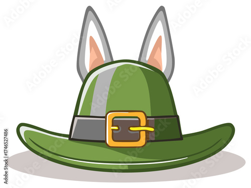 Cartoon green hat with pointy gray animal ears and golden buckle illustration design