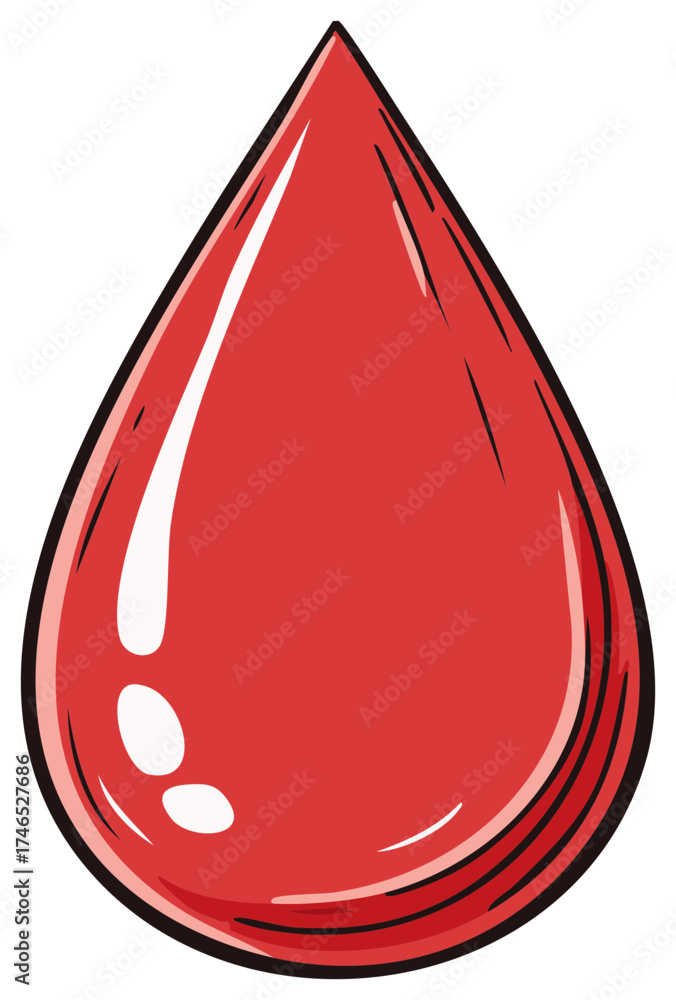 Fototapeta premium Stylized red drop with white highlights in cartoon style representing blood donation, blood sample or red ink