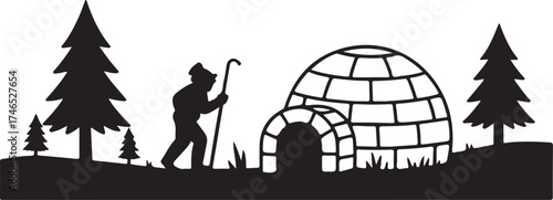 Silhouette of an igloo and a person with a walking stick in a snowy landscape Keywords: igloo, snow, winter, arctic, cold, ice, dwelling, shelter, person, man, figure, silhouette, walking stick