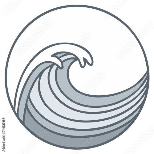 Stylized ocean wave logo in a circle simple minimalist vector graphic illustration