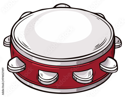 Classic red tambourine musical percussion instrument with metal jingles in a cartoon illustration style