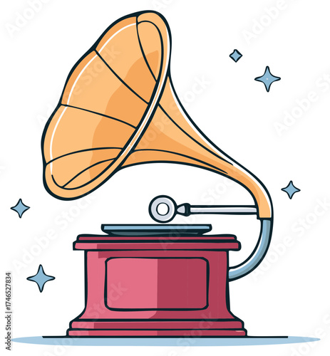Antique Cartoon Gramophone Plays Music with Stars for Audio Entertainment