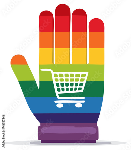 Conceptual illustration of an LGBTQ pride rainbow hand with a shopping cart icon representing inclusive commerce and community support
