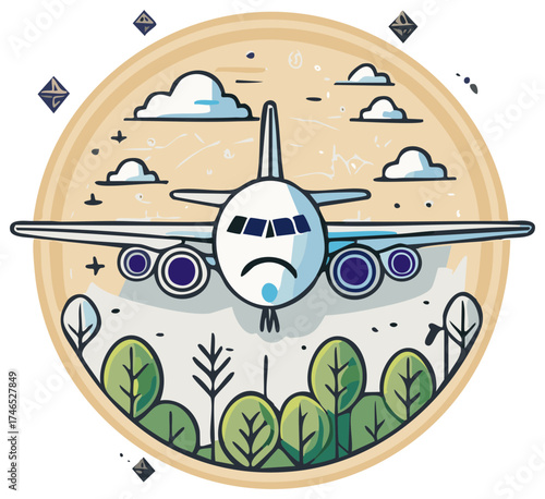Sad cartoon airplane with a frown landing over trees in a circular illustration