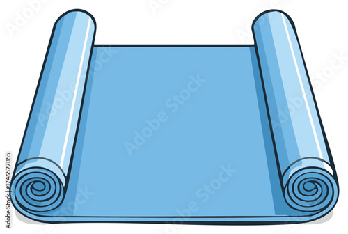 Rolled out blue yoga mat with rounded ends and clean simple illustration