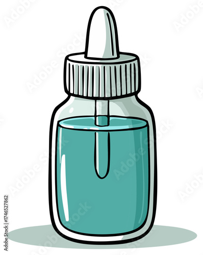 Blue liquid filled dropper bottle with white cap and ribbed collar