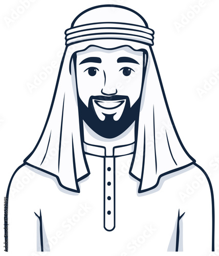 Smiling Arab Man in Traditional Middle Eastern Dress Smiling at the Camera Line Art