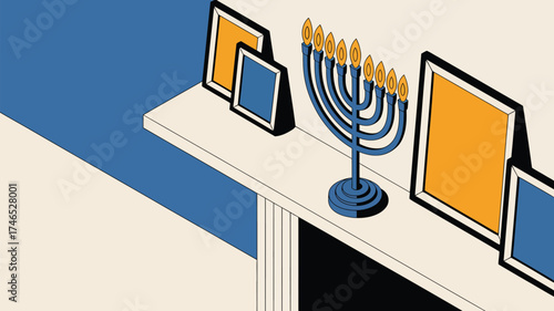 A menorah with lit candles sits on a mantle next to picture frames in a minimalist isometric illustration