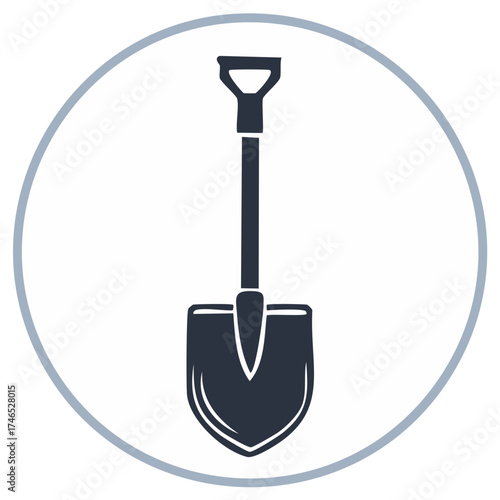 Black silhouette of a shovel with a D handle inside a thin gray circle on a white background