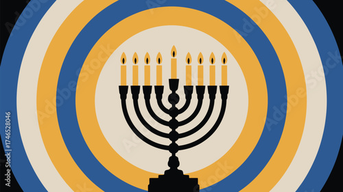 A hanukkah menorah with lit candles against concentric circles of blue, yellow, and white colors