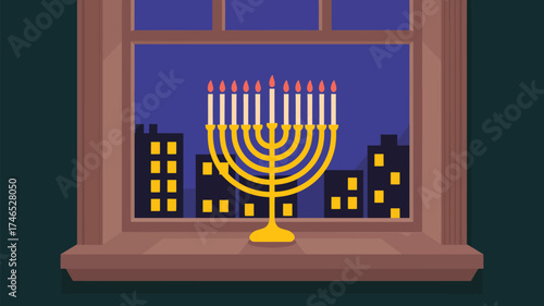 A menorah with candles in a window with buildings at night in the background illustration art