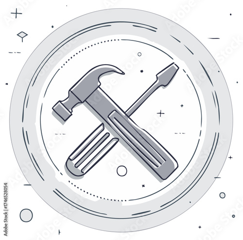 Crossed hammer and screwdriver tool icon sketch illustration for repair and maintenance service concept