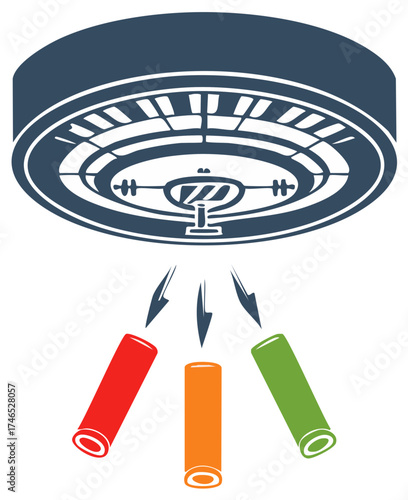 Casino roulette wheel with three colorful game pieces falling downwards illustration