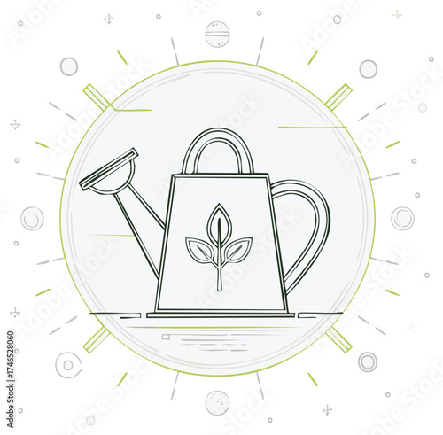 Watering Can with Plant Symbol Outlined for Spring Gardening Theme