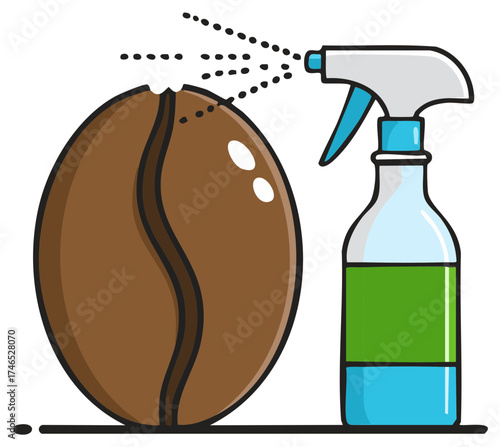 Stylized spray bottle mists a large coffee bean, emphasizing fresh aroma and morning vigor