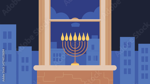 A menorah with lit candles is seen through a window with buildings in the background at nighttime