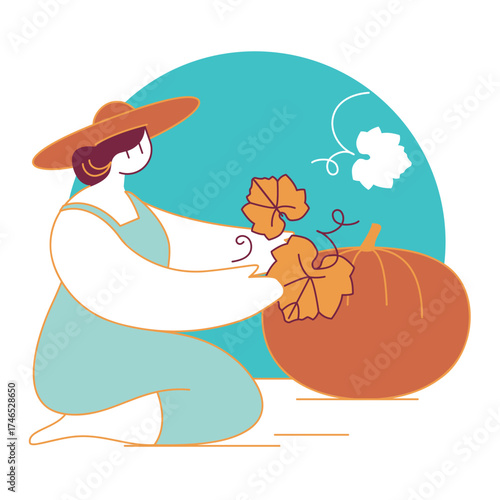 illustration d'une femme qui cueille une citrouille, vecteur, couleurs modifiables, dessin de presse, rapport d'activité, agriculture, sérigraphie, risographie, infographie, style de vie, métier