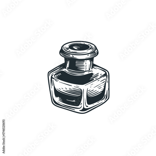 Hand drawn sketch style inkwell. Vintage retro stationary supply object. Vector illustration isolated on white background. 