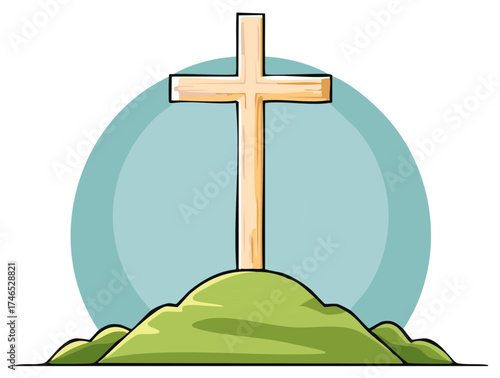 Wooden Christian cross stands atop a green hill with a soft blue circular halo effect behind it
