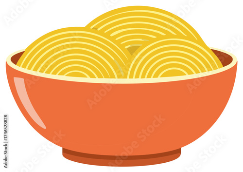 Delightful Bowl of Noodles Illustration Warm Orange Bowl Filled with Delicious Asian Noodles Simple Cartoon Style Vector