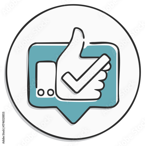 Hand drawn thumb up gesture with checkmark inside a speech bubble icon symbolizing approval success and agreement