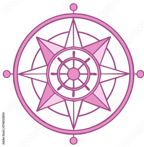 Stylish compass rose graphic icon with navigational ship wheel in pink, direction and orientation concept for maps and travel