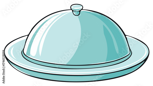 A shiny teal food cloche on a serving platter for fine dining or special meal presentation