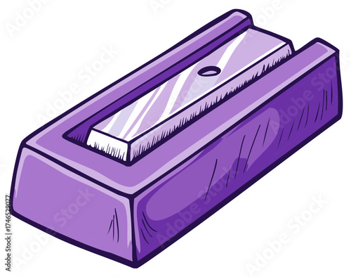 Purple manual pencil sharpener with metal blade and cartoon style illustration