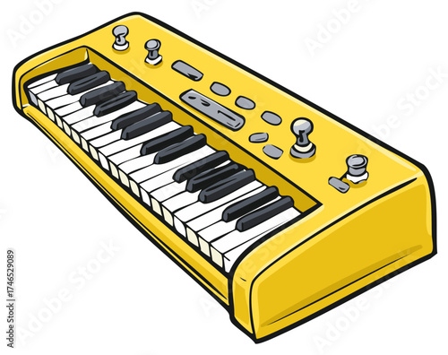 Illustrated Electronic Keyboard with Yellow Housing and Knobs for Synthesizer Music and Audio Production