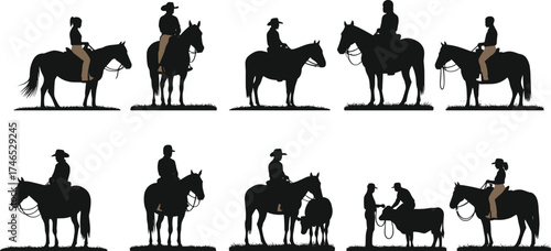 Silhouette people with horses, cowboy riding and leading animals, equestrian lifestyle concept, grass ground scene, cad drawing flat vector illustration