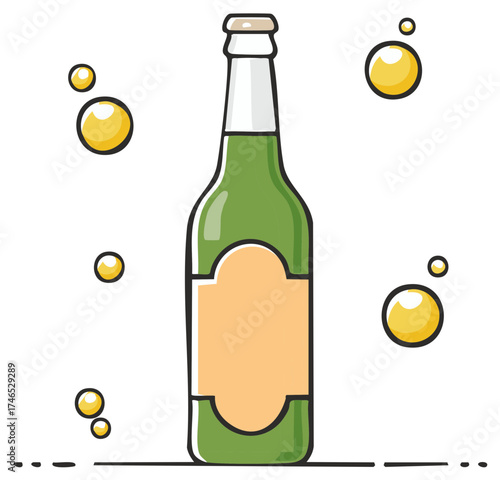 Green beverage bottle with sparkling effervescent bubbles cartoon illustration outline art