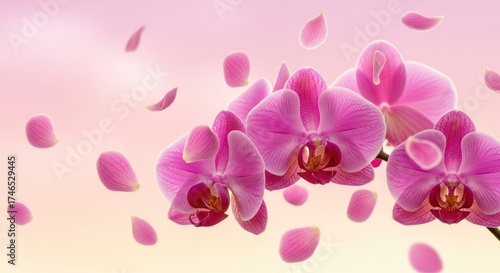 Close-up of vibrant pink orchid blooms with delicate petals falling on a soft gradient sky