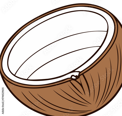 Single cut coconut isolated on white background stylized illustration
