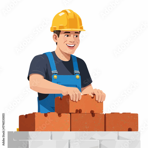 Smiling man laying bricks while building a wall in construction site  