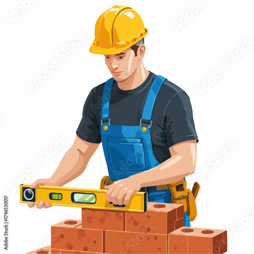Man bricklayer using spirit level while building with bricks  