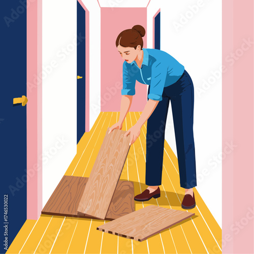 Woman installing laminate flooring in hallway with modern design  