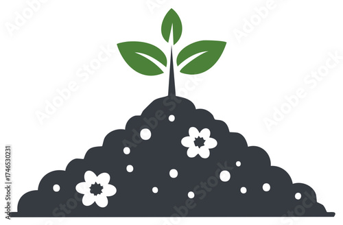 Green Sprout Emerging from Rich Soil with Delicate Flowers and Dots