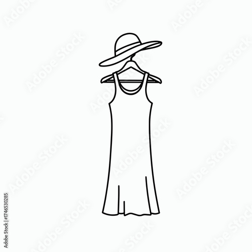 Dress and sunhat hanging on a hanger in minimal outline design  