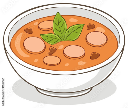 Flavorful broth with sliced sausages and fresh basil leaves in a white bowl