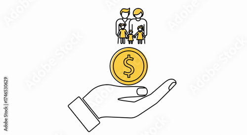 Conceptual hand holding coin, illustrating family icon financial health, with simple design. Hand holding coin ensures family financial health, offering security to ensure stability.