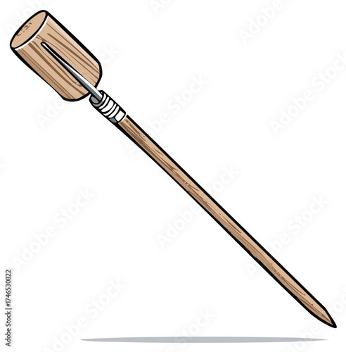 Illustrated primitive wooden war hammer with a sharp metal spike