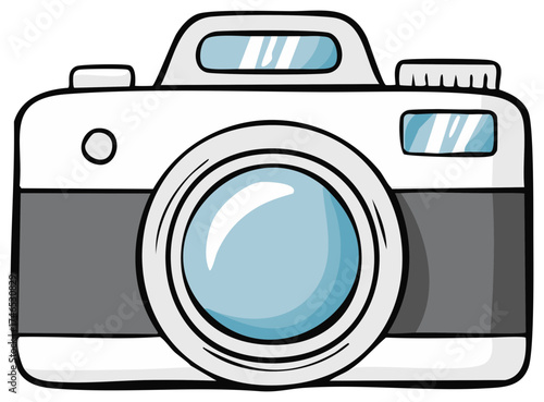 Cartoon style illustration of a modern digital camera with a large lens and flash