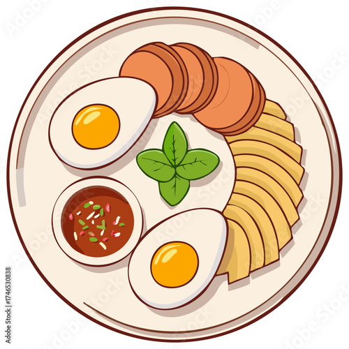 Gado-gado Salad Illustration with Peanut Sauce, Eggs, Tempeh, Vegetables on a Cream Plate